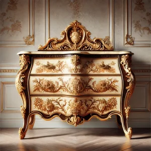 DALL·E 2024-12-03 15.38.03 - A highly detailed image of a Louis XV commode with intricate marquetry, displayed against a softly lit neutral background. The commode features ornate