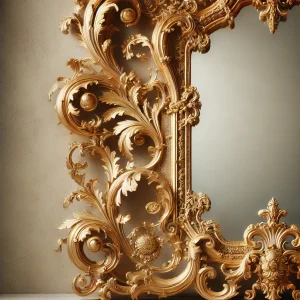 DALL·E 2024-12-03 15.38.39 - A detailed image of an ornate gilded mirror from the 18th century, featuring a decorative Rococo-style frame with intricate floral and scrollwork patt