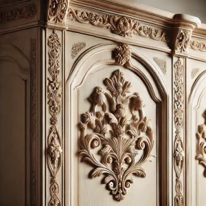 DALL·E 2024-12-03 15.41.15 - A detailed image of a classic French armoire with carved floral motifs, featuring a light wood finish and intricate detailing. The armoire is displaye