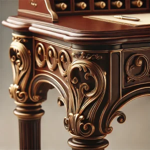 DALL·E 2024-12-03 15.41.17 - A detailed image of a Victorian writing desk with brass details, featuring elegant curves and dark wood finish. The desk is displayed on a softly lit