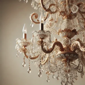 DALL·E 2024-12-03 15.41.19 - A detailed image of a crystal chandelier from the Rococo era, featuring intricate glasswork and ornate gilded details. The chandelier is displayed on