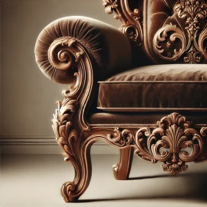 DALL·E 2024-12-03 15.41.23 - A detailed image of a Baroque-style armchair with velvet upholstery and ornate wooden carvings. The armchair is displayed on a softly lit neutral back