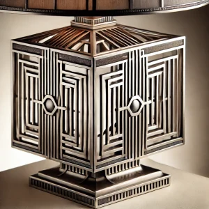 DALL·E 2024-12-03 15.41.26 - A detailed image of an Art Deco table lamp featuring geometric patterns and a sleek metal finish. The lamp is displayed on a softly lit neutral backgr